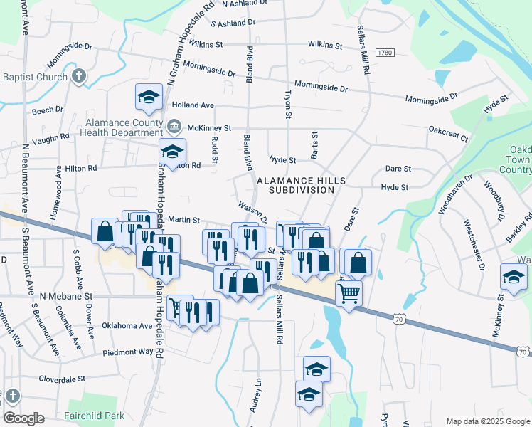 map of restaurants, bars, coffee shops, grocery stores, and more near 229 Watson Drive in Burlington