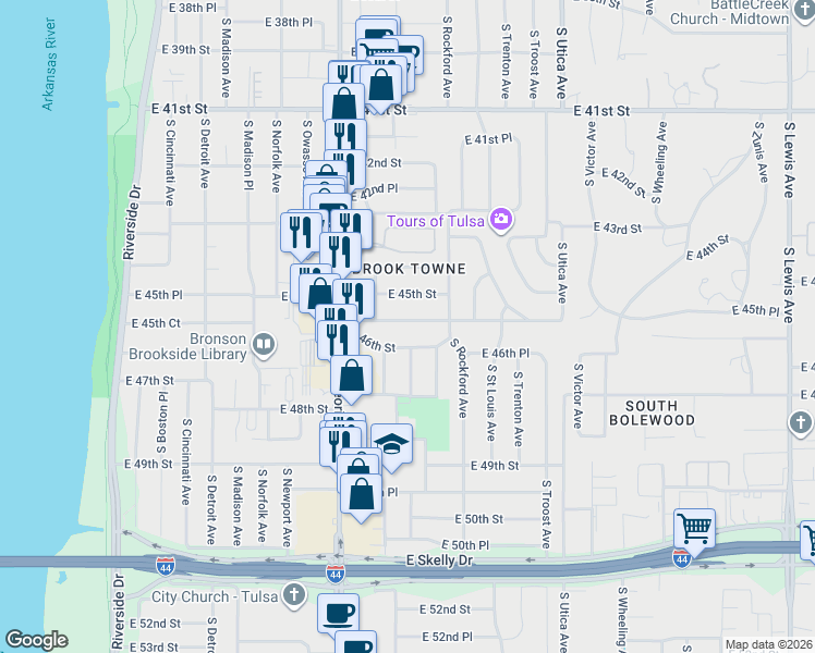 map of restaurants, bars, coffee shops, grocery stores, and more near 1362 East 45th Place in Tulsa