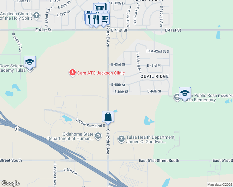 map of restaurants, bars, coffee shops, grocery stores, and more near 13014 East 46th Street in Tulsa