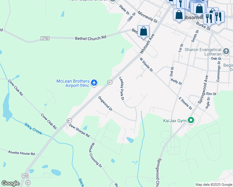 map of restaurants, bars, coffee shops, grocery stores, and more near 305 Freemont Court in Gibsonville