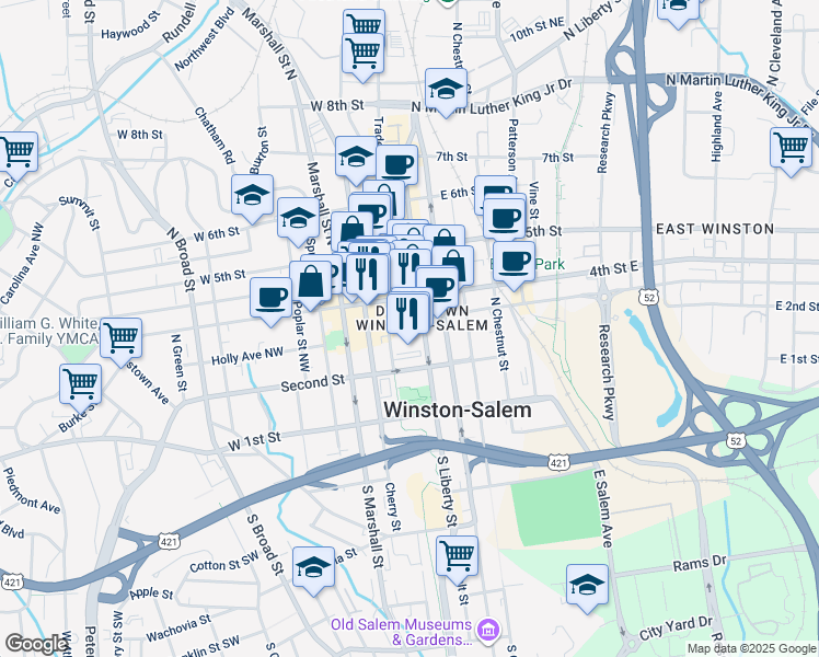 map of restaurants, bars, coffee shops, grocery stores, and more near in Winston-Salem