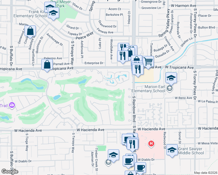 map of restaurants, bars, coffee shops, grocery stores, and more near 7051 Big Springs Court in Las Vegas