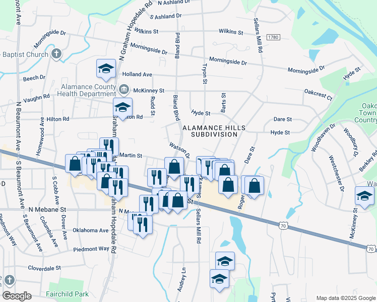 map of restaurants, bars, coffee shops, grocery stores, and more near 229 Watson Drive in Burlington