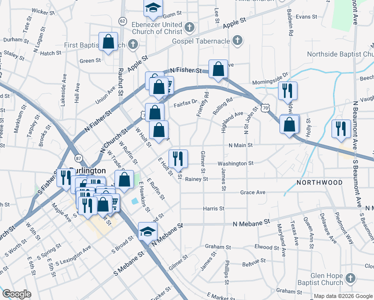 map of restaurants, bars, coffee shops, grocery stores, and more near 705 North Main Street in Burlington
