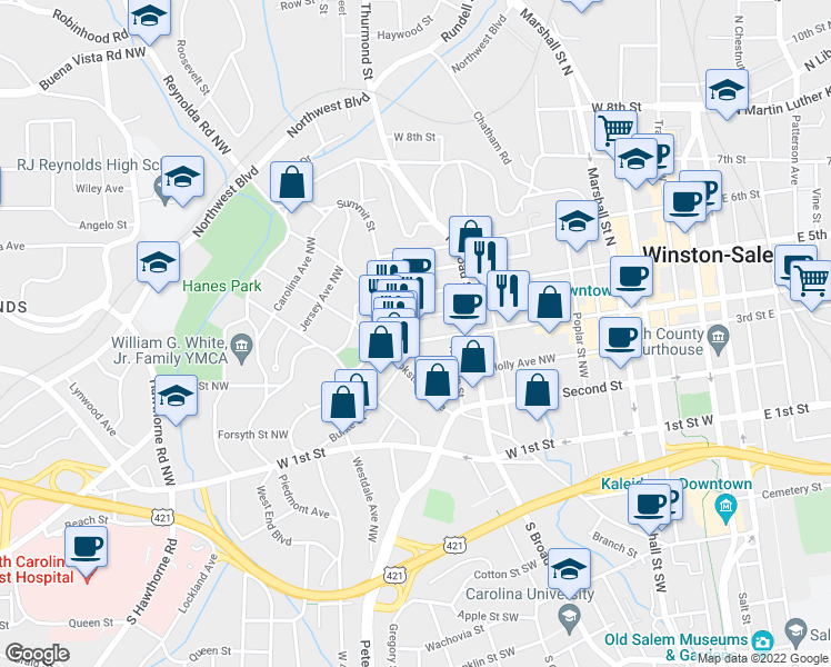 map of restaurants, bars, coffee shops, grocery stores, and more near 851 West 4th Street in Winston-Salem