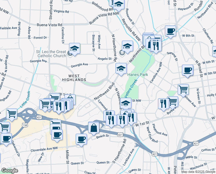 map of restaurants, bars, coffee shops, grocery stores, and more near 1515 West Northwest Boulevard in Winston-Salem