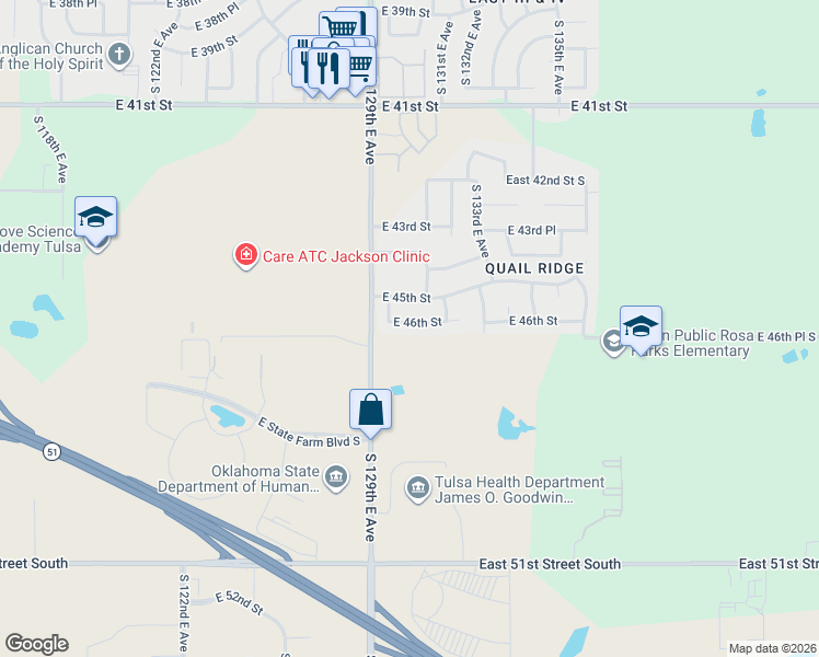 map of restaurants, bars, coffee shops, grocery stores, and more near 13014 East 46th Street in Tulsa