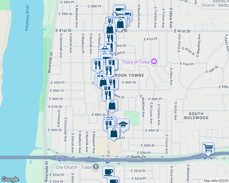 map of restaurants, bars, coffee shops, grocery stores, and more near 1328 East 45th Place in Tulsa
