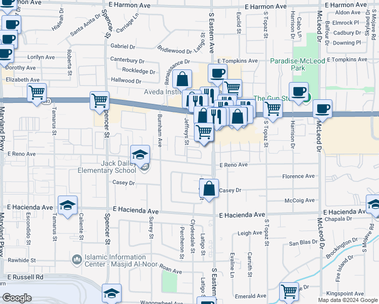 map of restaurants, bars, coffee shops, grocery stores, and more near 5086 Jeffreys Street in Las Vegas