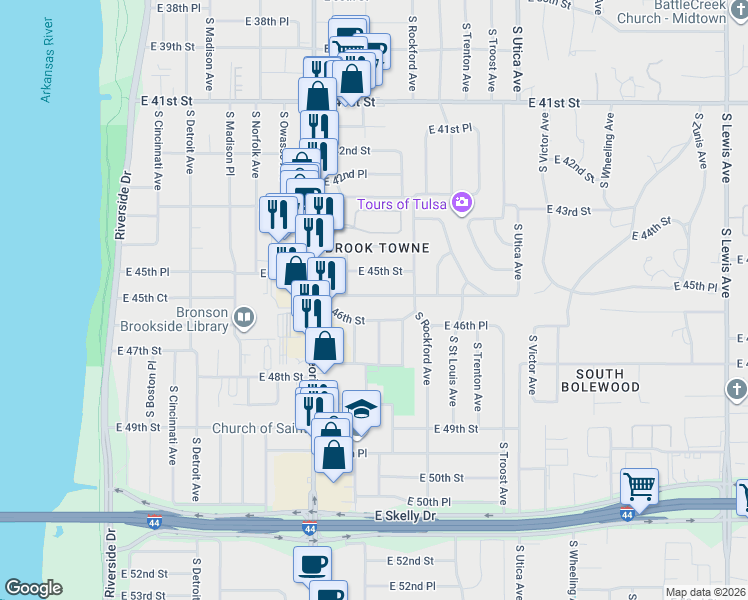 map of restaurants, bars, coffee shops, grocery stores, and more near 1362 East 45th Place in Tulsa