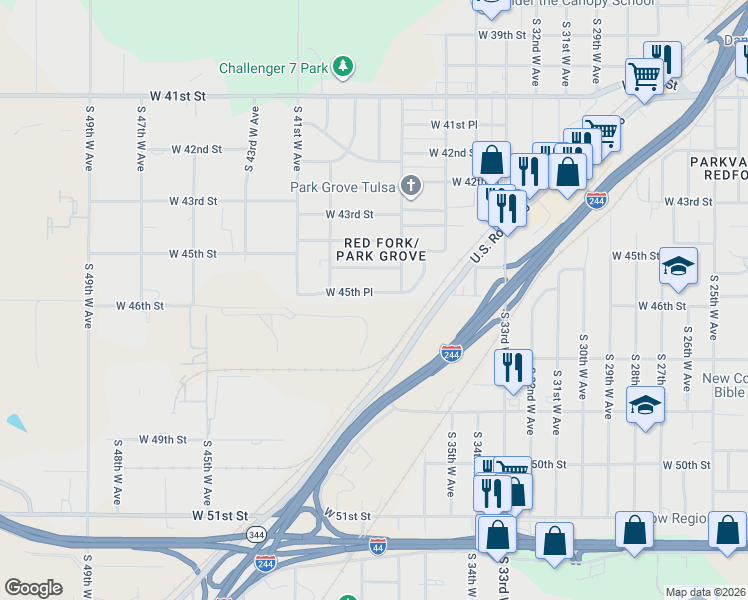 map of restaurants, bars, coffee shops, grocery stores, and more near 3714 West 45th Place in Tulsa