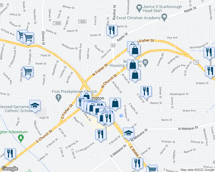 map of restaurants, bars, coffee shops, grocery stores, and more near 275 West Trade Street in Burlington