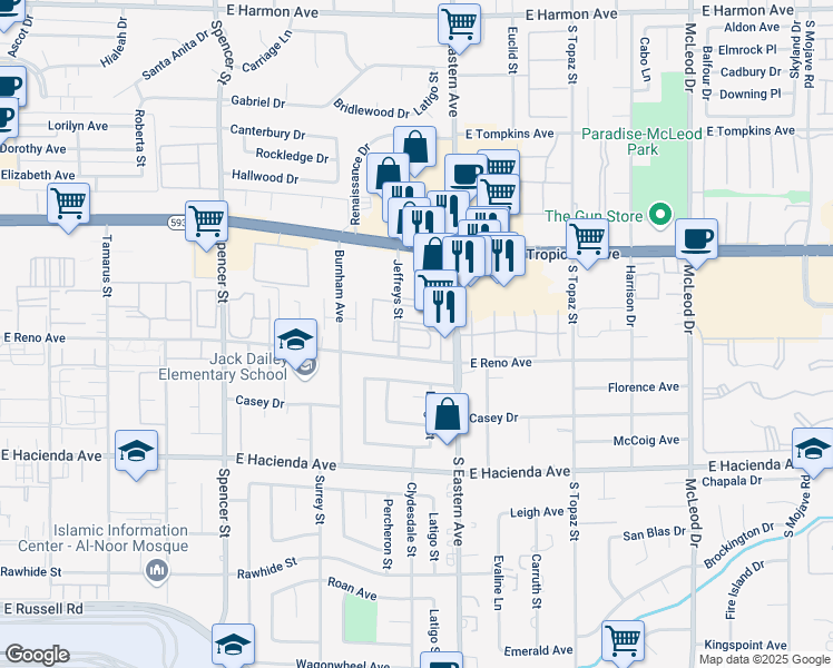 map of restaurants, bars, coffee shops, grocery stores, and more near 5060 Jeffreys Street in Las Vegas