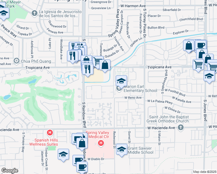 map of restaurants, bars, coffee shops, grocery stores, and more near 5030 South Rainbow Boulevard in Las Vegas