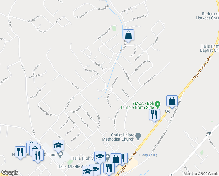 map of restaurants, bars, coffee shops, grocery stores, and more near 7800 Temple Acres Drive in Knoxville