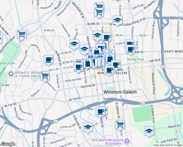 map of restaurants, bars, coffee shops, grocery stores, and more near in Winston-Salem