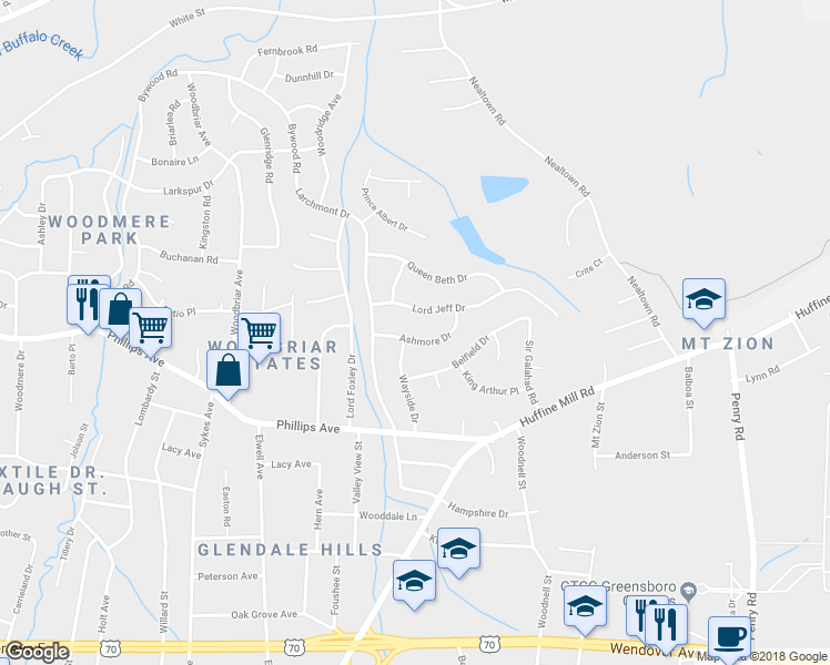 map of restaurants, bars, coffee shops, grocery stores, and more near 4111 Ashmore Drive in Greensboro