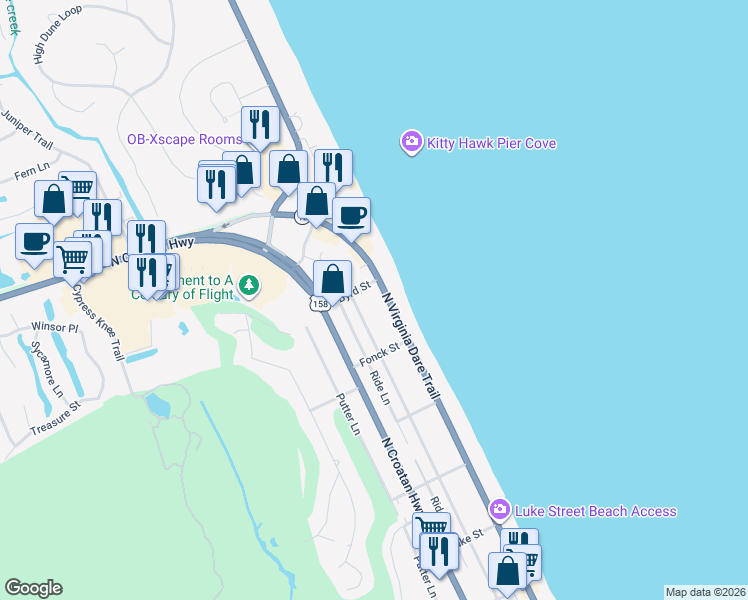 map of restaurants, bars, coffee shops, grocery stores, and more near 5124 North Virginia Dare Trail in Kitty Hawk