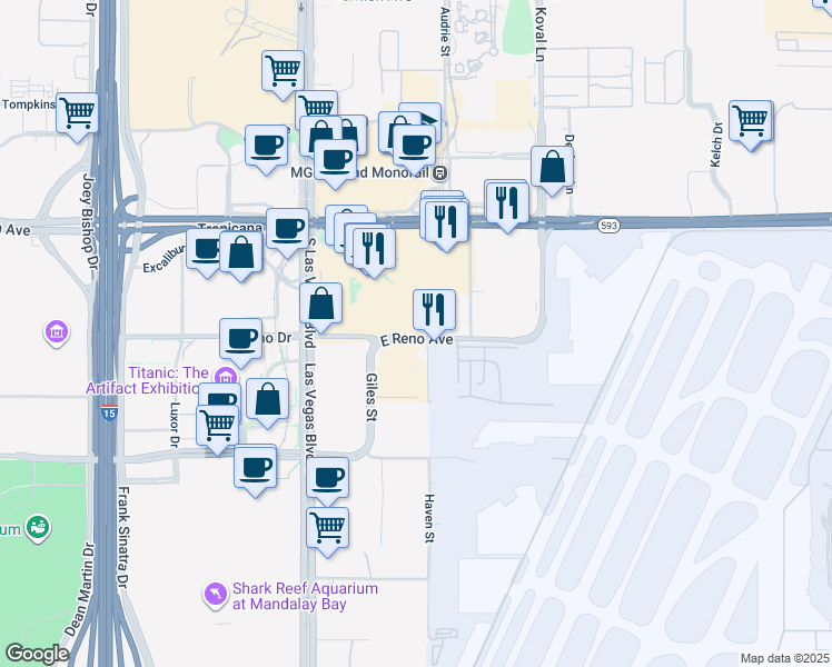 map of restaurants, bars, coffee shops, grocery stores, and more near 4526 East Reno Avenue in Las Vegas