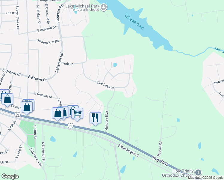 map of restaurants, bars, coffee shops, grocery stores, and more near 512 Blue Lake Drive in Mebane