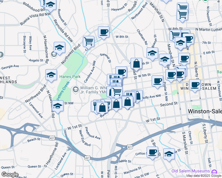 map of restaurants, bars, coffee shops, grocery stores, and more near 1105 Brookstown Avenue Southwest in Winston-Salem