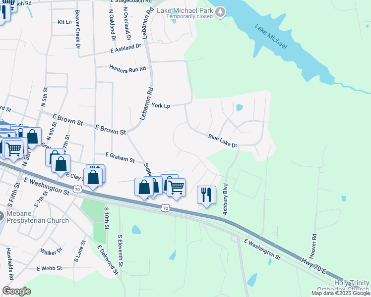 map of restaurants, bars, coffee shops, grocery stores, and more near 420 Mockingbird Lane in Mebane