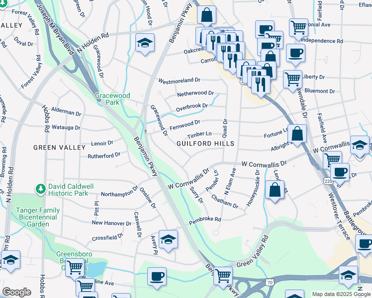 map of restaurants, bars, coffee shops, grocery stores, and more near 1202 Gracewood Drive in Greensboro