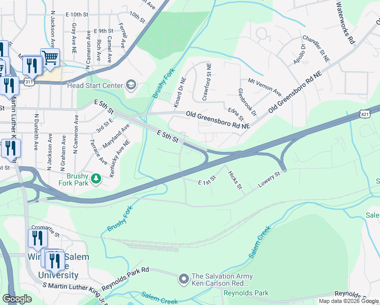 map of restaurants, bars, coffee shops, grocery stores, and more near 135 Lowery Court Southeast in Winston-Salem