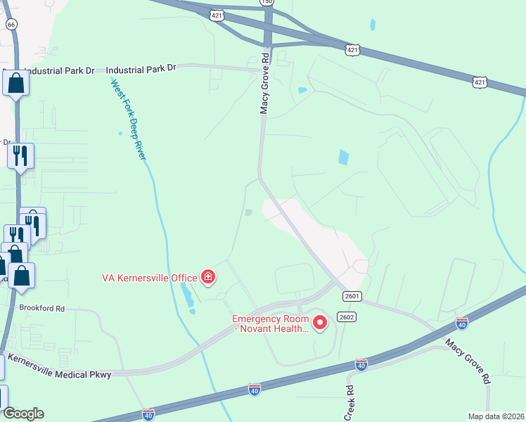 map of restaurants, bars, coffee shops, grocery stores, and more near 5634 Macy Grove Road in Kernersville
