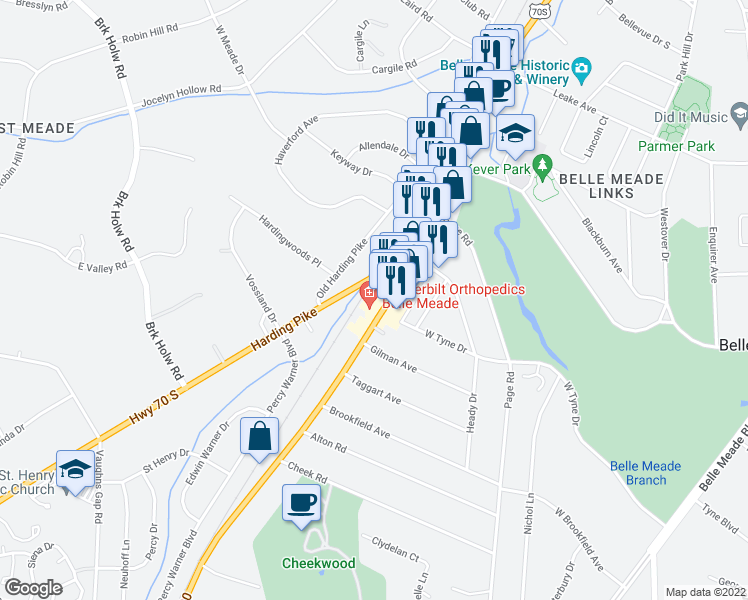 map of restaurants, bars, coffee shops, grocery stores, and more near 6002 Tennessee 100 in Nashville