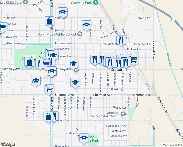map of restaurants, bars, coffee shops, grocery stores, and more near 1150 Hale Avenue in Corcoran