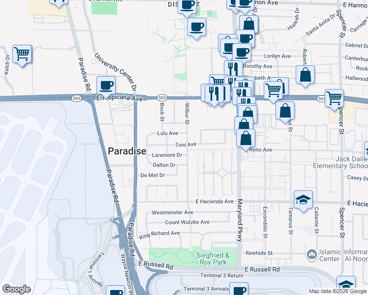 map of restaurants, bars, coffee shops, grocery stores, and more near 981 Toni Avenue in Las Vegas
