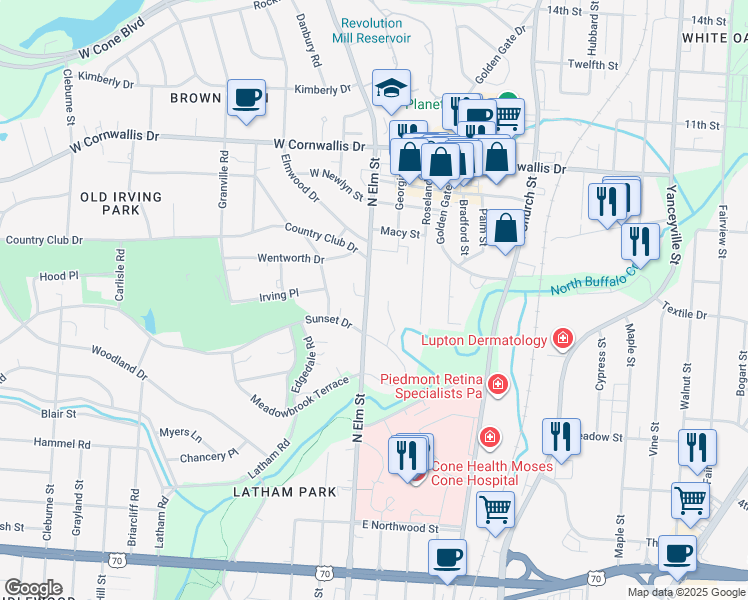 map of restaurants, bars, coffee shops, grocery stores, and more near 1806 North Elm Street in Greensboro