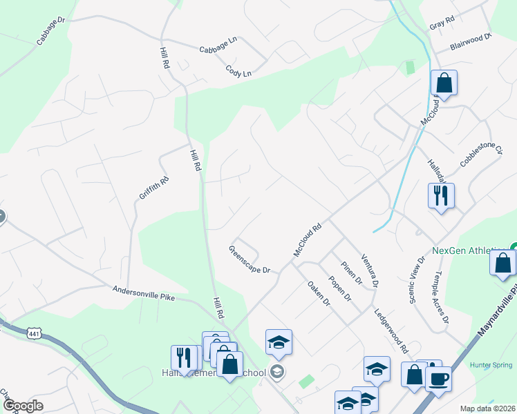 map of restaurants, bars, coffee shops, grocery stores, and more near 7861 Greenscape Drive in Knoxville