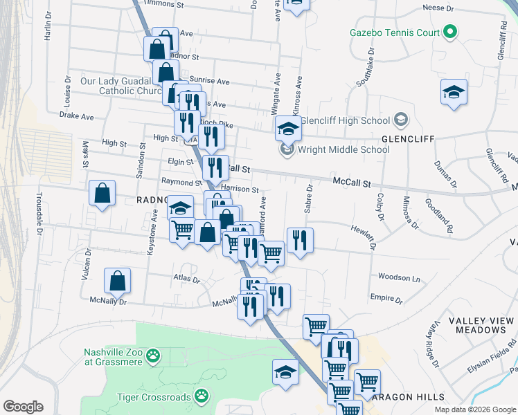 map of restaurants, bars, coffee shops, grocery stores, and more near 3509 Sanford Avenue in Nashville