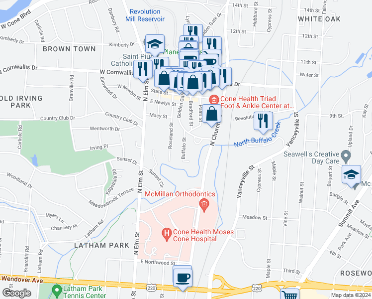 map of restaurants, bars, coffee shops, grocery stores, and more near 1612 Buffalo Street in Greensboro