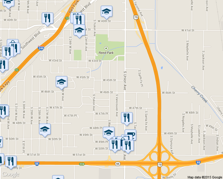 map of restaurants, bars, coffee shops, grocery stores, and more near 4527 South Waco Avenue in Tulsa