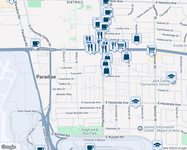 map of restaurants, bars, coffee shops, grocery stores, and more near 1127 Toni Avenue in Las Vegas