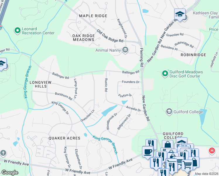 map of restaurants, bars, coffee shops, grocery stores, and more near 1223 Foxfire Drive in Greensboro
