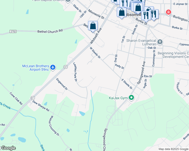 map of restaurants, bars, coffee shops, grocery stores, and more near 906 Lashley Park Drive in Gibsonville