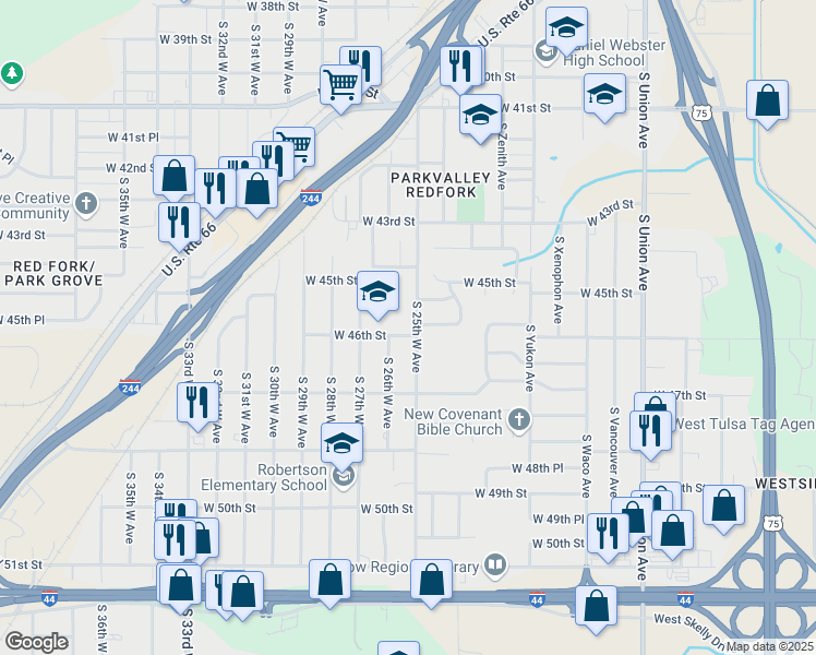 map of restaurants, bars, coffee shops, grocery stores, and more near 4532 South 25th West Avenue in Tulsa