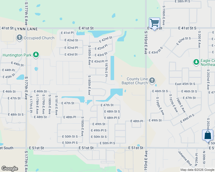 map of restaurants, bars, coffee shops, grocery stores, and more near 18706 East 45th Place South in Tulsa