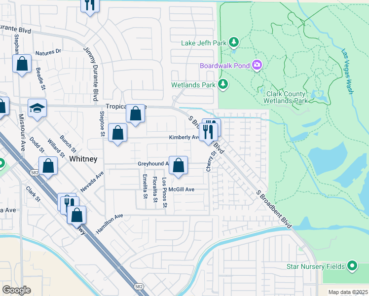 map of restaurants, bars, coffee shops, grocery stores, and more near 6464 East Carolina Dew Court in Las Vegas