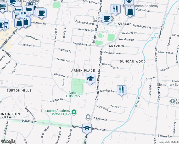 map of restaurants, bars, coffee shops, grocery stores, and more near 4400 Belmont Park Terrace in Nashville