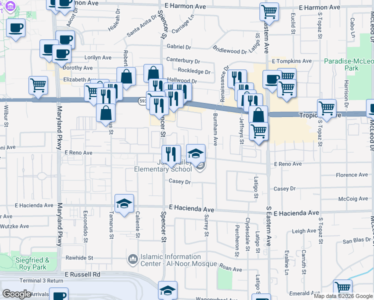 map of restaurants, bars, coffee shops, grocery stores, and more near 5060 Newport Cove Drive in Las Vegas
