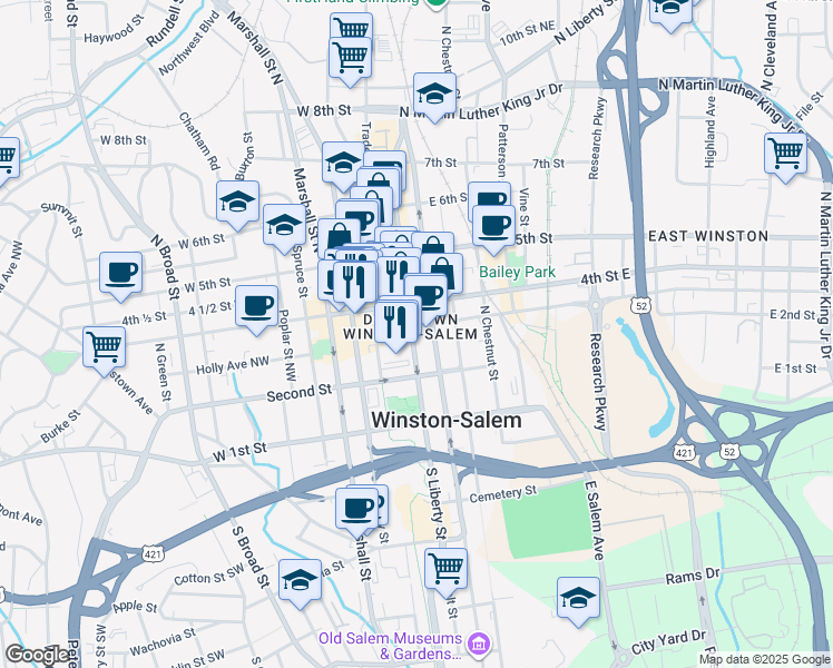 map of restaurants, bars, coffee shops, grocery stores, and more near 8 West 3rd Street in Winston-Salem