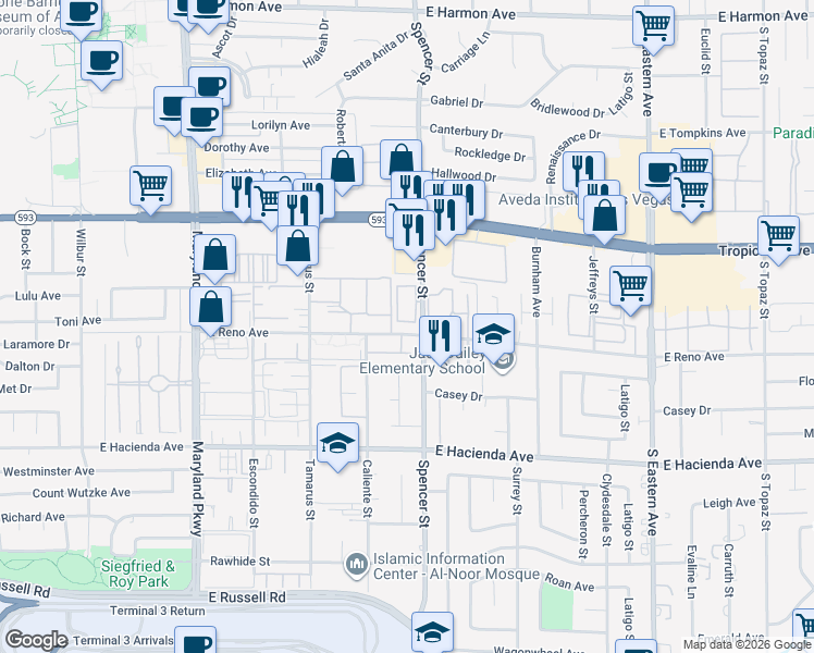 map of restaurants, bars, coffee shops, grocery stores, and more near 5096 Spencer Street in Las Vegas