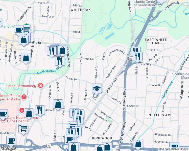 map of restaurants, bars, coffee shops, grocery stores, and more near 1513 Upland Drive in Greensboro