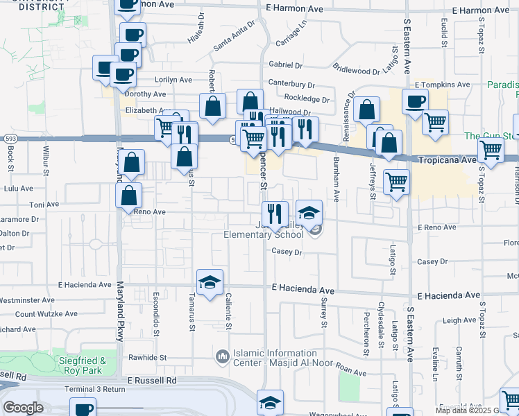 map of restaurants, bars, coffee shops, grocery stores, and more near 5039 Spencer Street in Las Vegas
