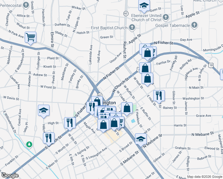 map of restaurants, bars, coffee shops, grocery stores, and more near 201 North Church Street in Burlington